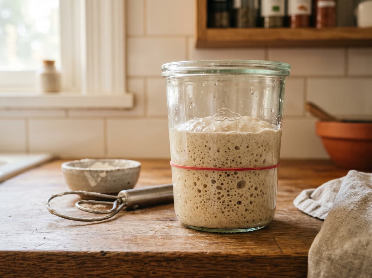 Glass jar with active sourdough starter on day 5, showing domed surface and visible bubbling throughout