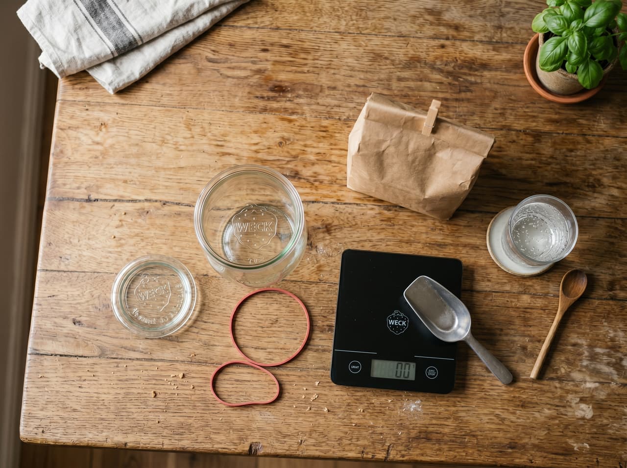 Flat lay of ingredients: glass jar, rye flour bag, kitchen scale, rubber band, and glass of water on a wooden counter