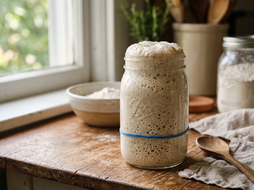 Sauerteig-Starter auf dem Höhepunkt: gewölbte Oberfläche, seitliche Blasen sichtbar, der Starter hat sich sichtbar mehr als verdoppelt über dem Gummiband