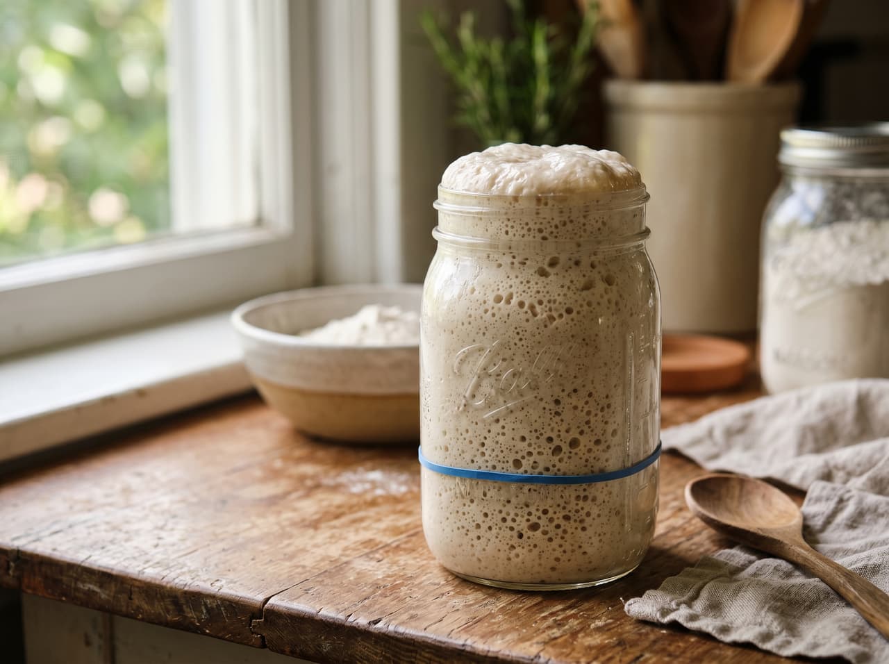 Sourdough starter at peak activity: domed surface, bubbles visible on the sides of the glass jar, rubber band visible below showing it has more than doubled