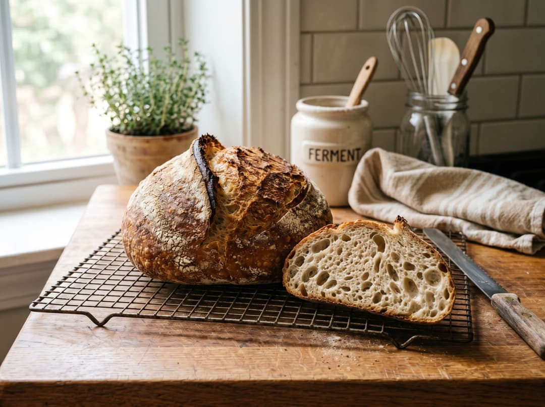 Frisch gebackenes Sauerteig-Bâtard auf einem Kuchengitter: tiefgoldbraune Kruste mit Aufreissohren, aufgeschnitten mit offener Krume