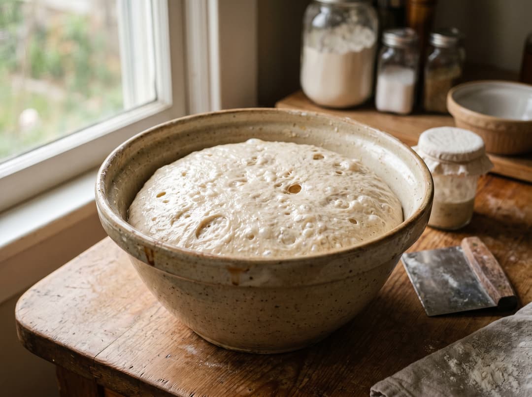 Nahaufnahme von Sauerteig am Ende der Stockgare: gewölbte, blasige Oberfläche, sichtbar voluminöser als zu Beginn
