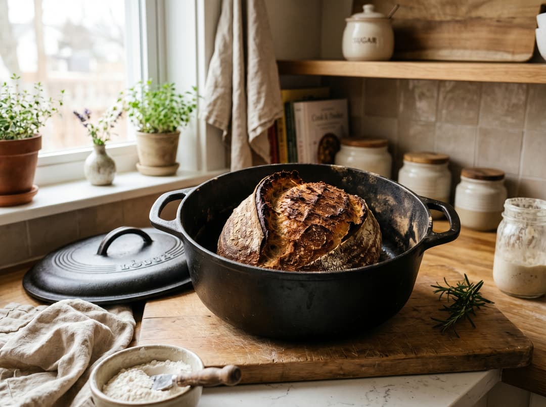 Sauerteig im Gusseisentopf während Phase 2 des Backens: Deckel abgenommen, Kruste tiefbraun mit sichtbarem Einschnitt-Ohr