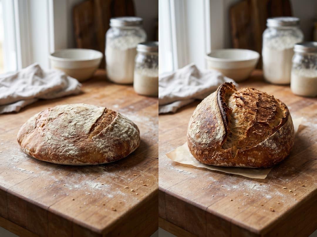 Direktvergleich: links ein flaches, auseinanderlaufendes Sauerteigbrot, rechts ein gut aufgegangenes Brot mit schönem Ofentrieb und Einschnitt-Ohr