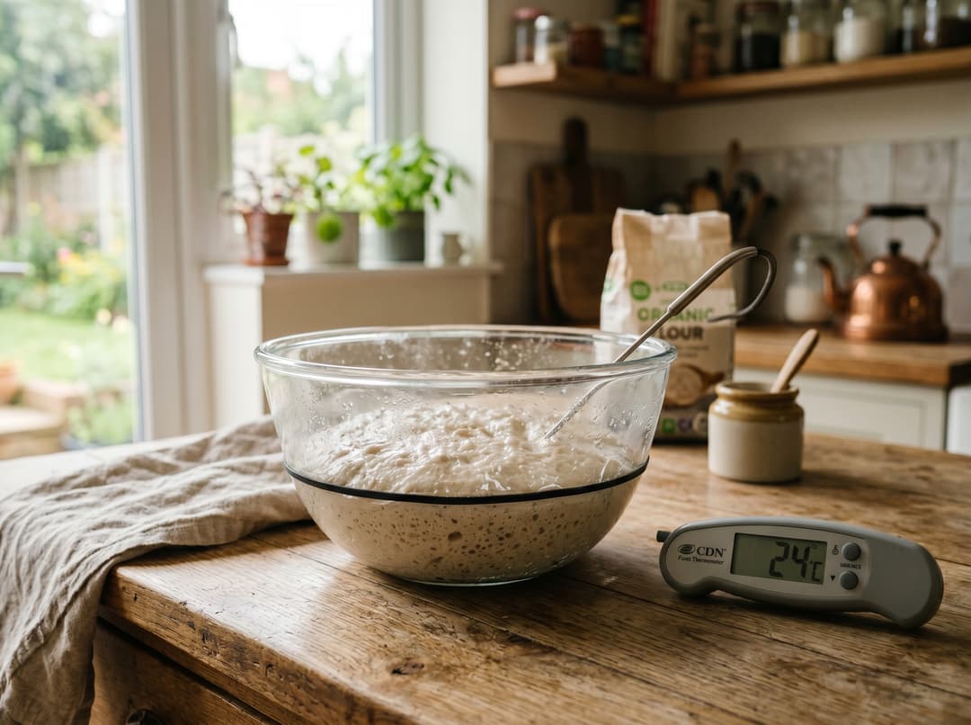 Küchenthermometer zeigt 24 °C neben einer Schüssel Sauerteig bei der Stockgare, Gummiband markiert den Startpegel