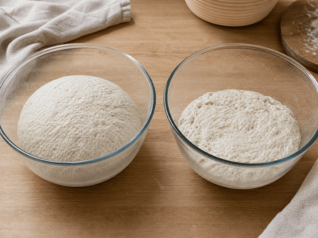 Two side-by-side bowls showing the difference in dough consistency: same hydration percentage with high-protein bread flour (left, firm) vs Austrian W700 (right, noticeably slacker)