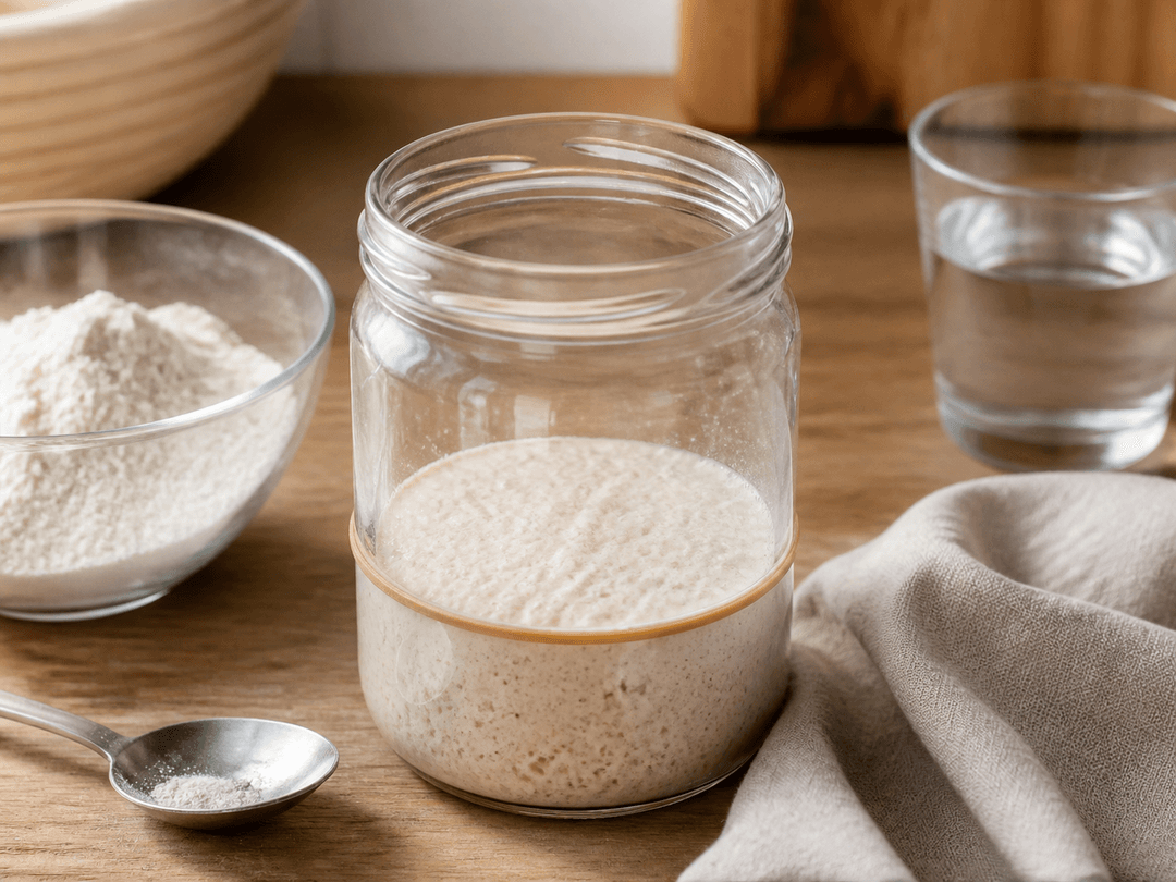 Sauerteig-Starter im Glas direkt nach dem Füttern: frisches Mehl und Wasser eingearbeitet, Gummiband am Startpegel, saubere Glaswände oberhalb