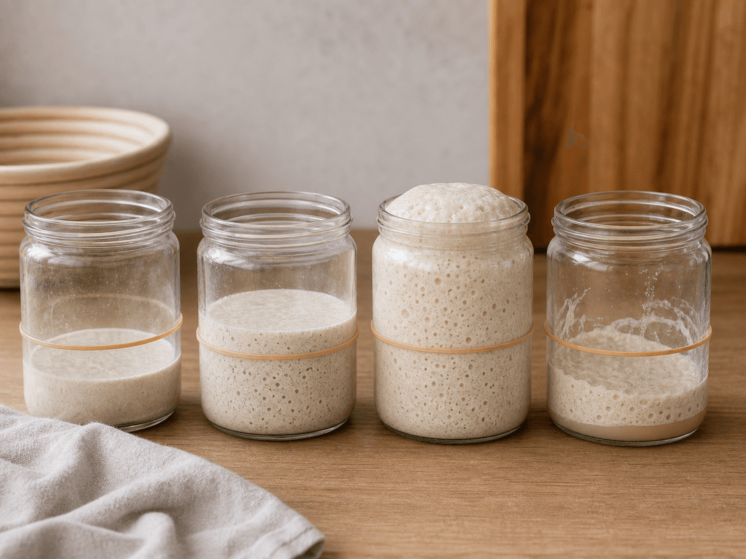 Vier Gläser nebeneinander zeigen denselben Starter in verschiedenen Phasen: frisch gefüttert (flach), frühe Aktivität (kleine Bläschen), Peak (gewölbt und hoch), abgefallen (zusammengefallen, Flüssigkeit oben)