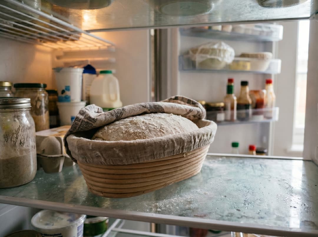 A banneton with shaped sourdough dough covered in a clear shower cap, sitting on a refrigerator shelf next to everyday items, showing the cold retard setup in a typical home fridge