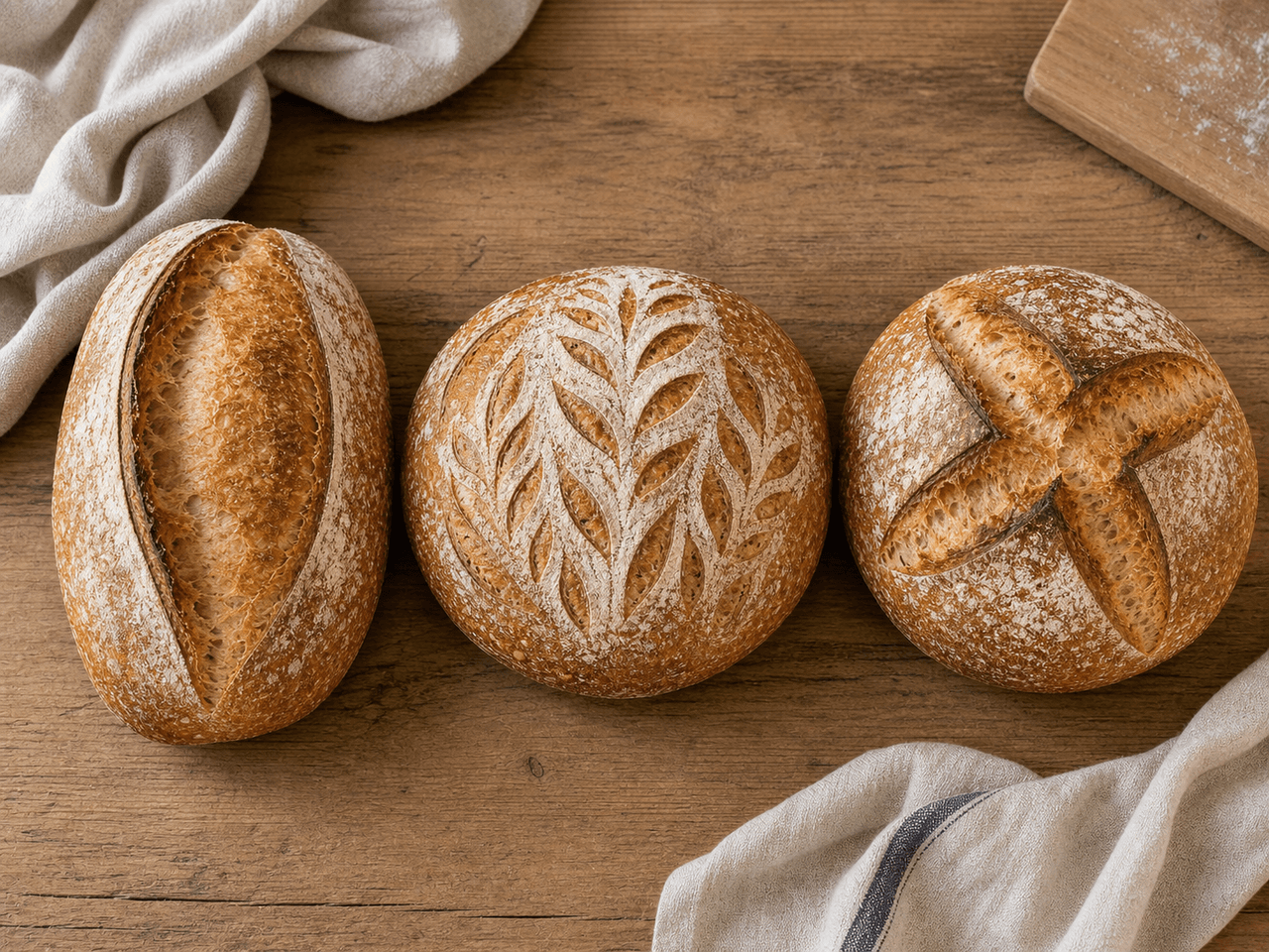 Drei fertige Sauerteigbrote nebeneinander mit verschiedenen Schnittmustern: ein Batard mit klassischem Ohr-Schnitt (dramatisches Ohr sichtbar), ein Boule mit Blattmuster (gleichmässige Ausdehnung, dekorative Linien) und ein Boule mit Kreuzmuster (symmetrische Öffnung, kein Ohr). Jedes Brot zeigt deutlich, wie das Schnittmuster die Form des fertigen Brots bestimmt hat