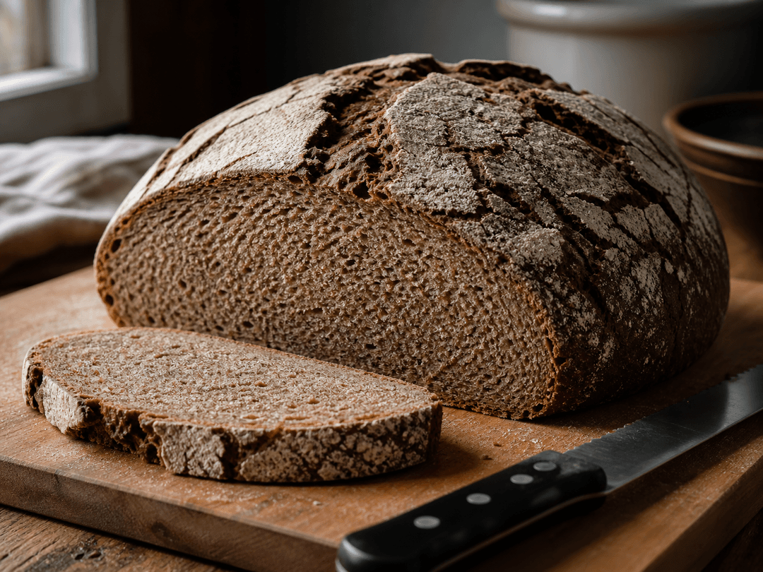 A whole round Bauernbrot loaf on a wooden cutting board, showing the dark, crackled crust dusted with rye flour. A thick slice cut from the front reveals the dense, moist crumb with small, even holes characteristic of rye-wheat bread. A bread knife rests beside it.