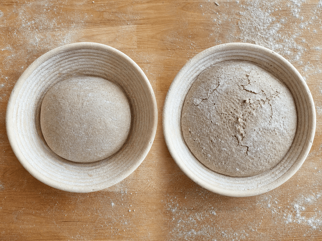 Side-by-side comparison: on the left, shaped Bauernbrot dough in a floured banneton before proofing (compact, smooth surface); on the right, the same dough after 75 minutes of proofing (slightly risen, small surface cracks visible, ready to bake). Both shots from directly above the banneton.