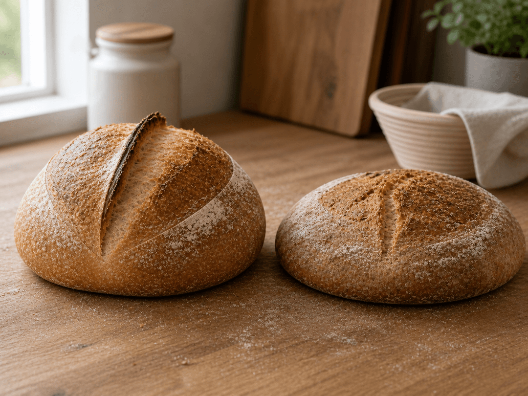 Zwei Sauerteigbrote nebeneinander nach dem Backen: das linke Brot wurde mit guter Oberflächenspannung geformt — hoch, rund, mit dramatischem Ausbund und gleichmäßigem Aufgang; das rechte Brot wurde mit unzureichender Spannung geformt — flach, breit gelaufen, mit einem Einschnitt, der sich kaum geöffnet hat. Beide Brote aus demselben Teig gebacken, um den Unterschied durch das Formen zu verdeutlichen.