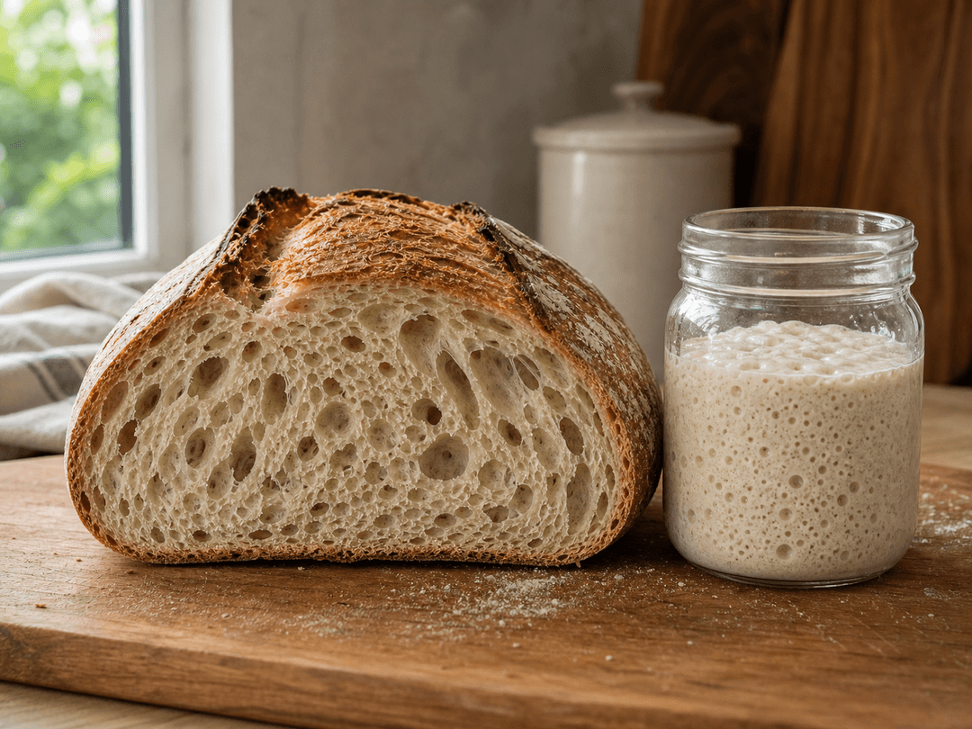 Ein aufgeschnittener rustikaler Sauerteiglaib auf einem Holzbrett, der eine offene, gut fermentierte Krumenstruktur zeigt. Daneben ein kleines Glasgefäß mit aktivem Sauerteig-Starter, an dessen Oberfläche Blasen sichtbar sind. Natürliches Licht, warme Farbtöne.