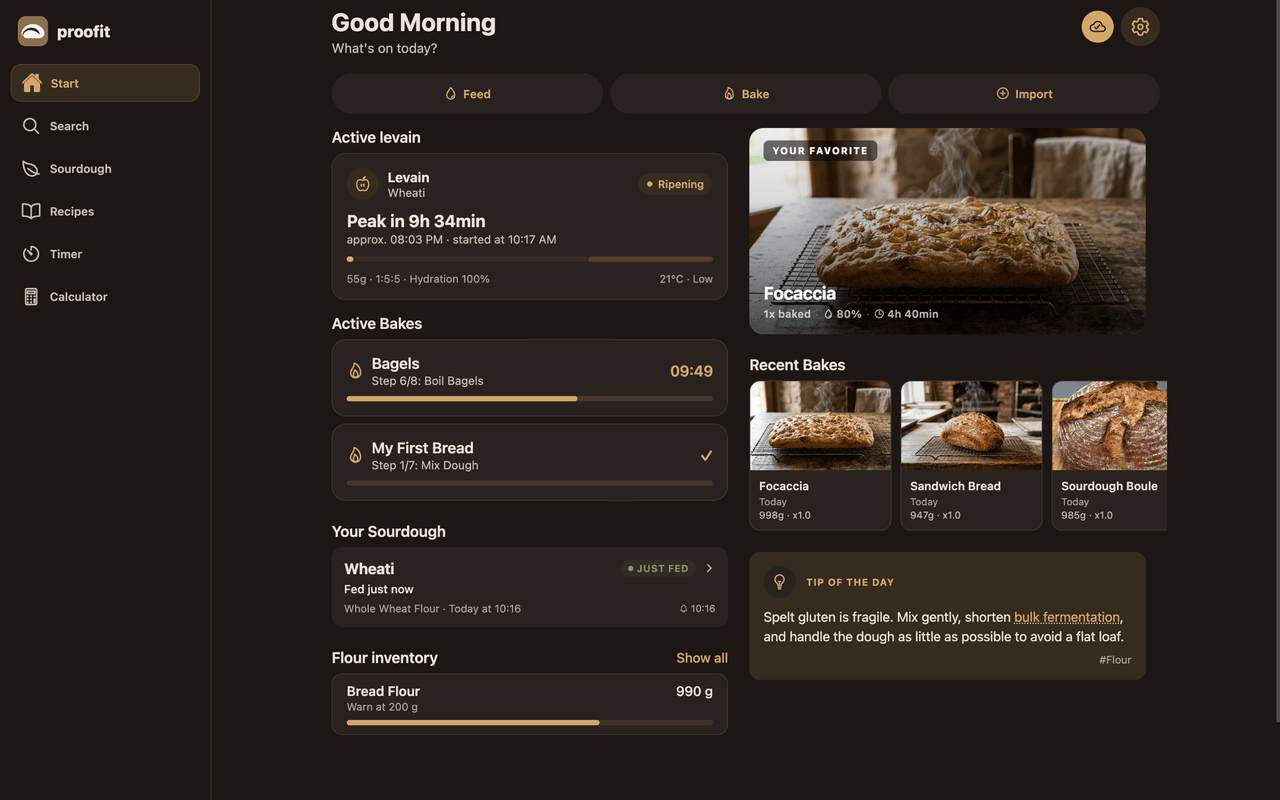 The proofit dashboard in the web app in a browser window
