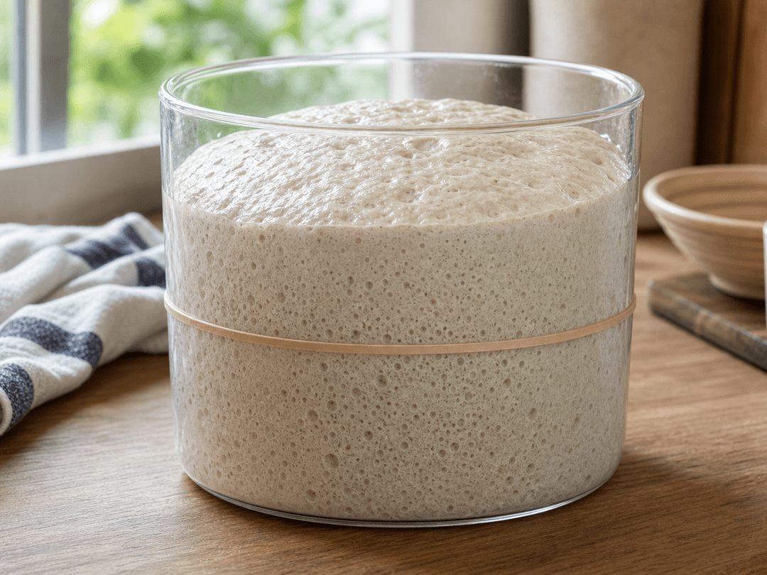 A clear straight-sided container with sourdough dough during bulk fermentation, rubber band marking the starting level, dough risen about 50% with visible bubbles on the surface and along the sides