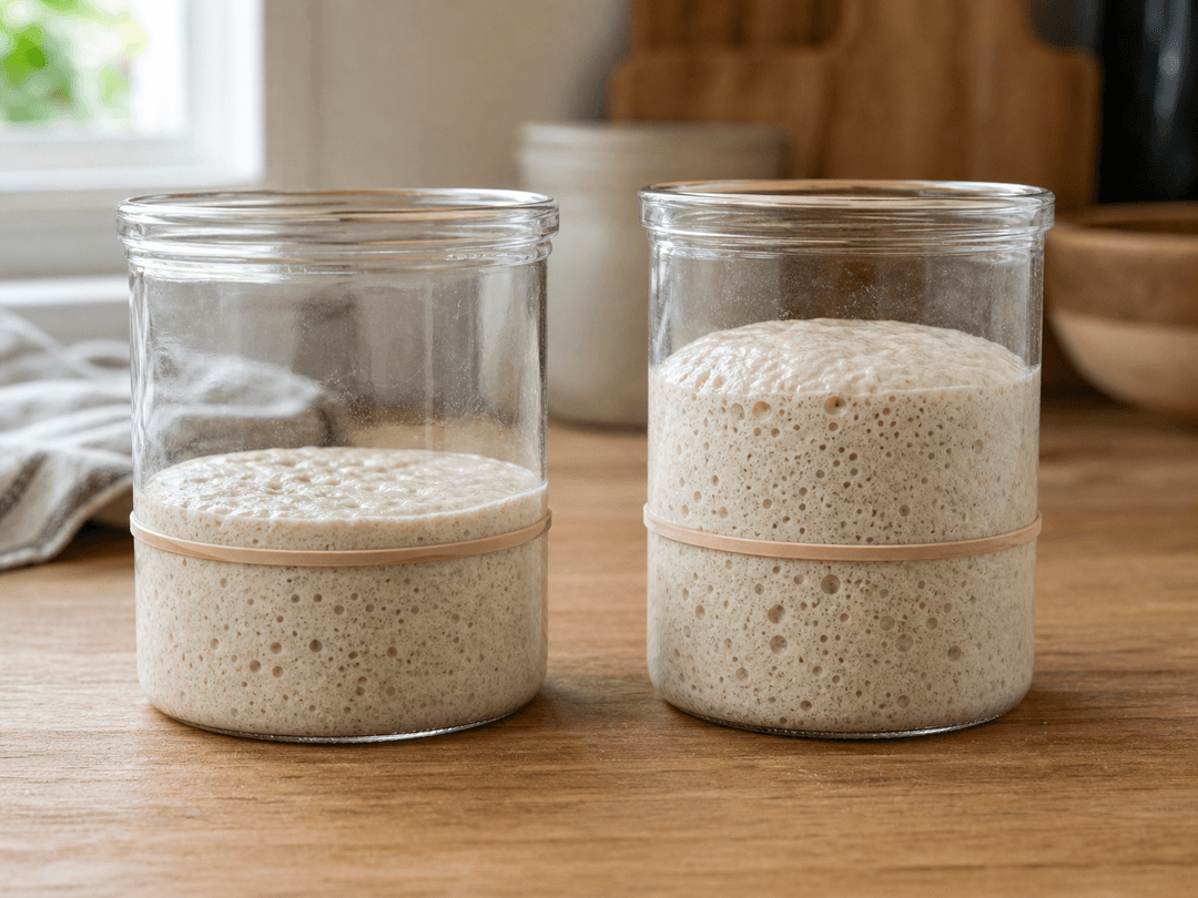 Two aliquot jars side by side: one showing dough at the starting level with a rubber band mark, the other showing the same dough risen approximately 50% above the rubber band, with visible bubbles throughout
