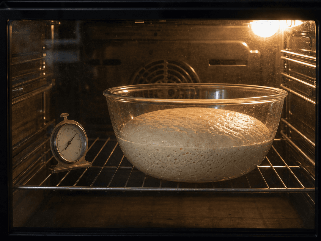 A bowl of sourdough dough sitting inside an oven with the light on, oven thermometer showing 27°C, door closed — used as a makeshift proofing chamber
