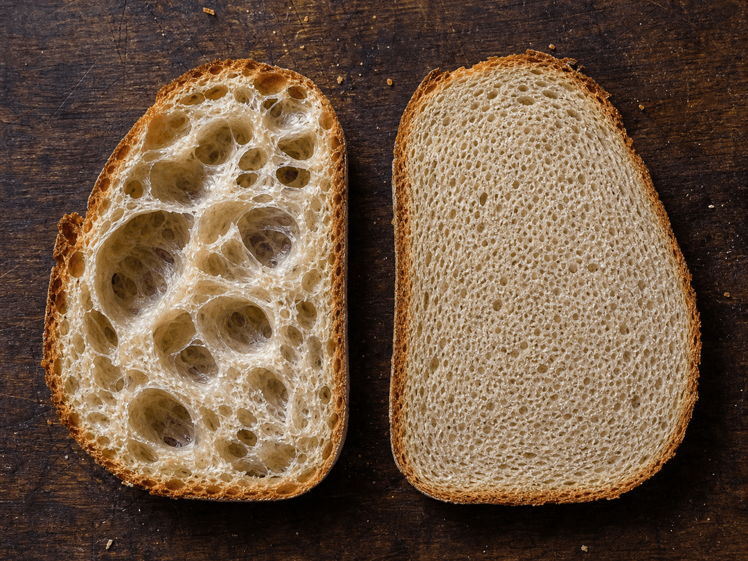 Zwei Scheiben Sauerteigbrot nebeneinander auf einem dunklen Schneidebrett: die linke Scheibe zeigt eine dramatisch offene Krume mit grossen, unregelmässigen, glänzenden Löchern und dünnen Zellwänden; die rechte Scheibe zeigt eine enge, gleichmässige Krume mit kleinen einheitlichen Löchern, ideal für Sandwiches. Beide Brote sind gut ausgebacken mit goldener Kruste. Der Kontrast zeigt deutlich den Unterschied zwischen den beiden Krumentypen.