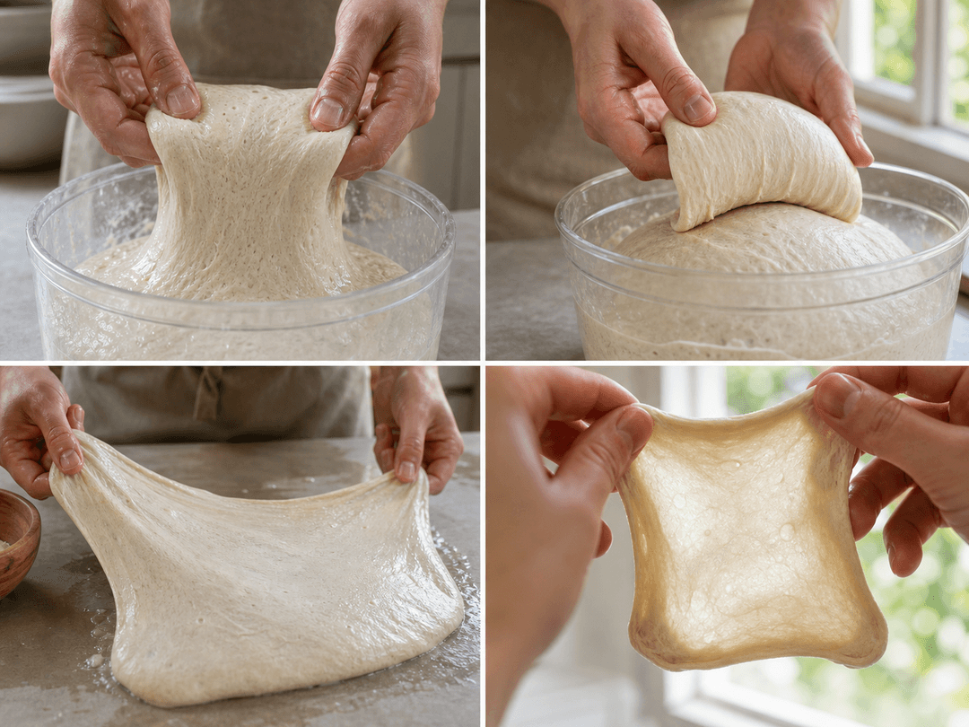 Vierteilige Bildfolge mit verschiedenen Glutenentwicklungs-Methoden: oben links Dehnen und Falten (Hände ziehen Teig aus einem klaren Behälter nach oben), oben rechts Coil Fold (Teig wird von der Mitte angehoben, Ränder hängen durch Schwerkraft herunter), unten links Lamination (Teig auf nasser Arbeitsfläche hauchdünn ausgezogen, fast durchscheinend), unten rechts Fenstertest (ein kleines Teigstück wird zwischen zwei Händen dünn gezogen, bis Licht durchscheint, ohne zu reissen)