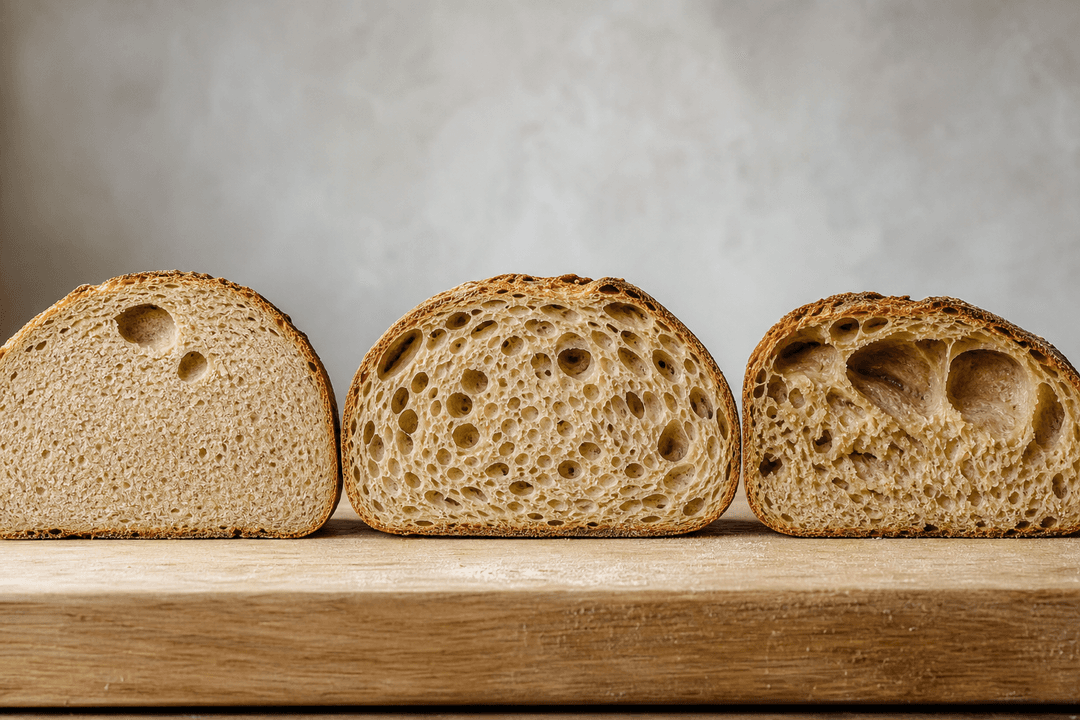Querschnitt-Vergleich von drei Sauerteigbroten mit unterschiedlichen Krumenergebnissen: links die ‚Narrenkrume' (insgesamt dicht mit ein oder zwei grossen zufälligen Löchern oben), Mitte richtig gegärte offene Krume (gleichmässig verteilte unregelmässige Löcher durchgehend mit dünnen glänzenden Wänden), rechts übergärte Krume (einige grosse kollabierte Hohlräume mit dichten klebrigen Stellen dazwischen). Beschriftungen unter jeder Scheibe identifizieren das Problem.