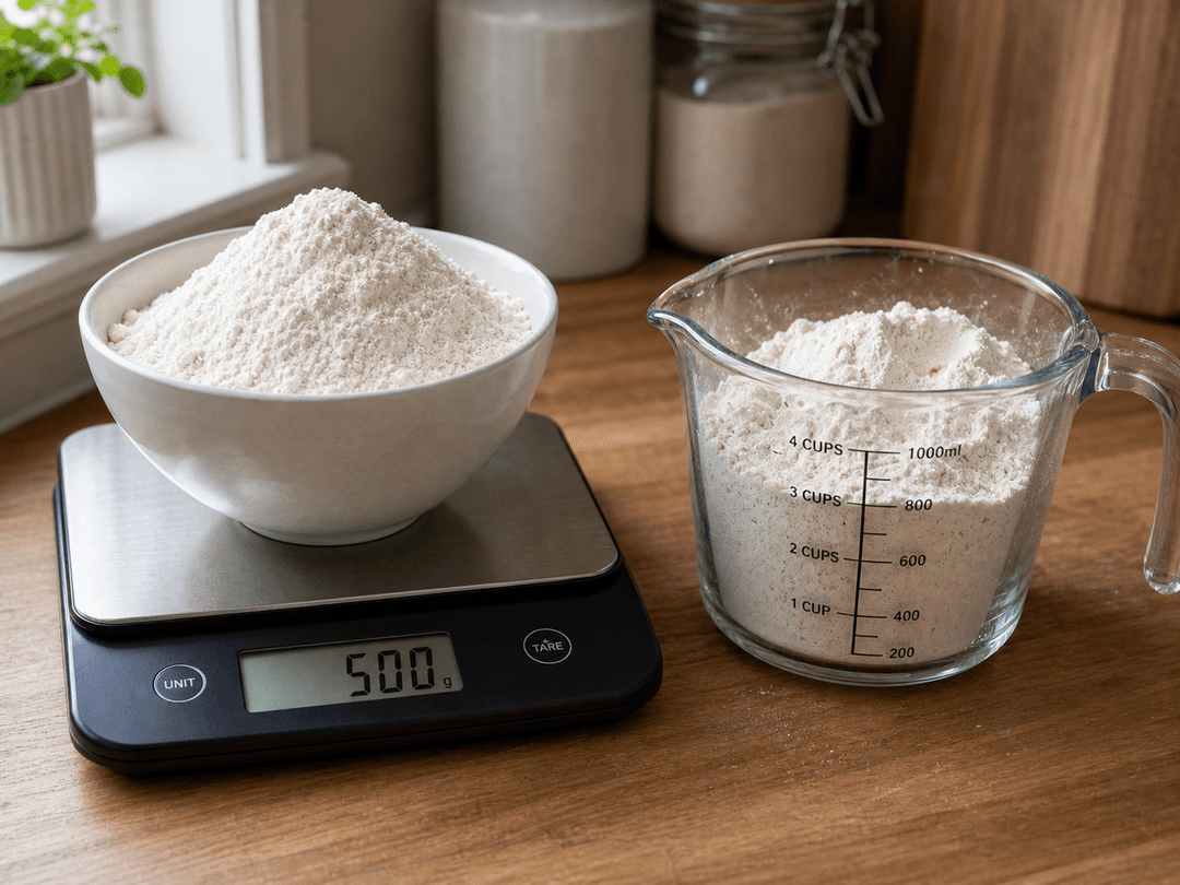 Eine Küchenwaage zeigt 500 g an mit einer Schüssel Mehl darauf, daneben ein Messbecher mit demselben Mehl gefüllt — veranschaulicht den Unterschied zwischen Wiegen (genau) und Volumenabmessen (ungenau). Die Waage zeigt einen präzisen Wert, während der Messbecher locker geschöpftes Mehl mit unebener Oberfläche zeigt.