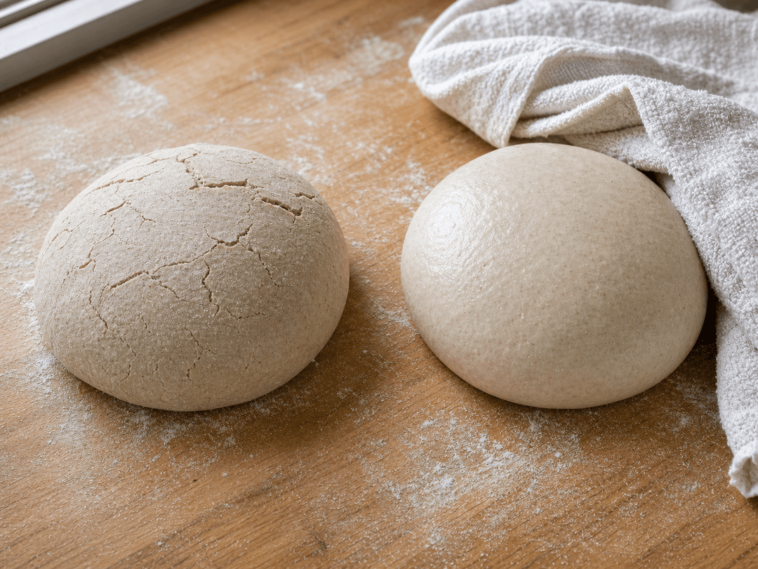 Zwei Teigkugeln nebeneinander auf einer bemehlten Fläche nach 30 Minuten unbedeckter Ruhe: die linke Kugel hat eine sichtbar trockene, rissige Haut an der Oberfläche (beschriftet ‚unbedeckt'), die rechte Kugel ist glatt und geschmeidig, ein feuchtes Tuch gerade zurückgezogen (beschriftet ‚abgedeckt'). Der Unterschied in der Oberflächenqualität ist deutlich sichtbar.