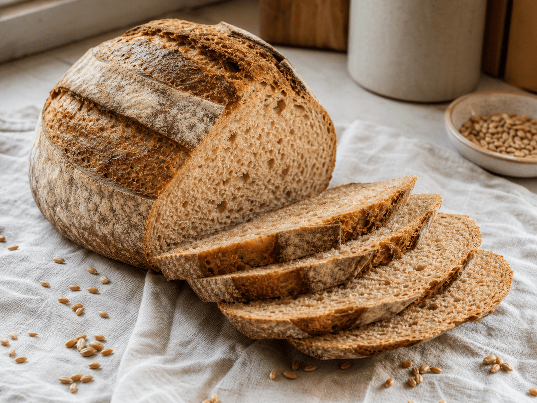 Ein aufgeschnittenes Dinkelbrot auf einem Leinentuch, das die goldbraune Kruste und die zarte, mässig offene Krume zeigt, die für gut gemachtes Dinkelbrot typisch ist. Die Krume hat einen warmen, leicht bernsteinfarbenen Ton, der sich von weissem Weizenbrot unterscheidet. Einige Scheiben sind davor aufgefächert, und neben dem Laib liegen verstreute Dinkelkörner auf dem Tuch.