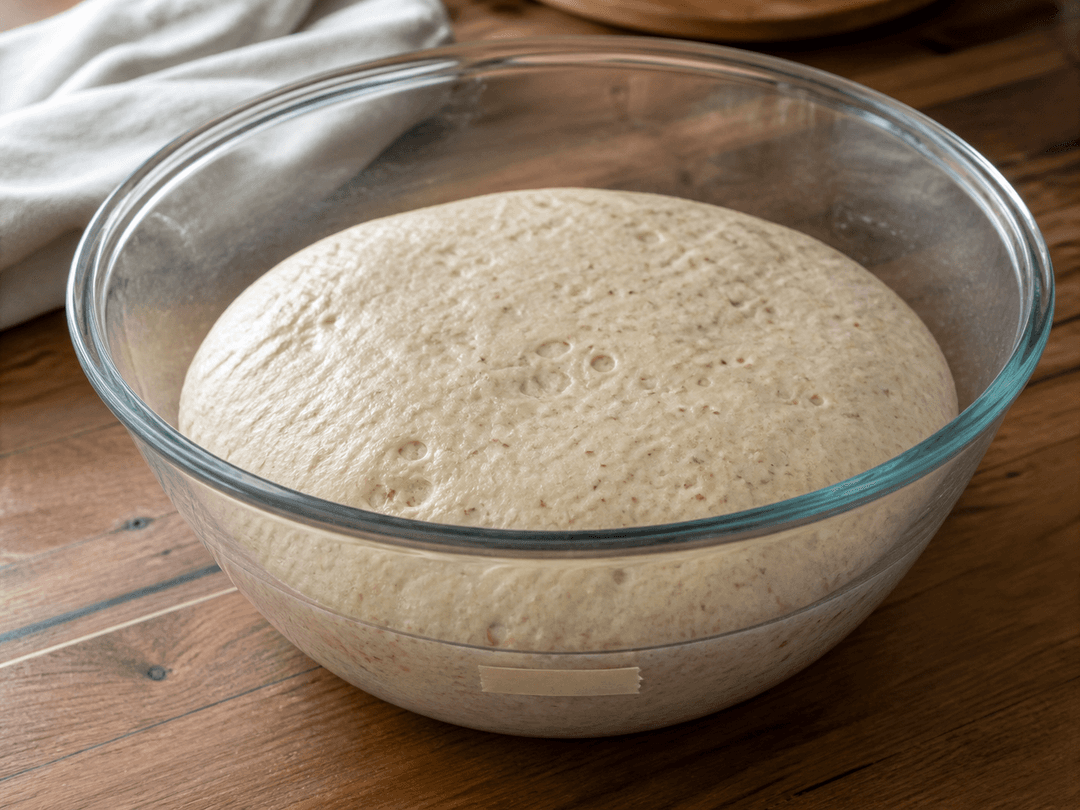 Eine Glasschüssel mit Dinkelsauerteig am Ende der Stockgare, von oben gesehen. Der Teig ist ungefähr 50 % aufgegangen, die Oberfläche ist glatt und leicht gewölbt mit ein paar sichtbaren Blasen. Der Teig sieht kissenartig und weich aus. Ein Klebebandstreifen an der Aussenseite der Schüssel markiert das Ausgangsniveau und zeigt den Aufgang.