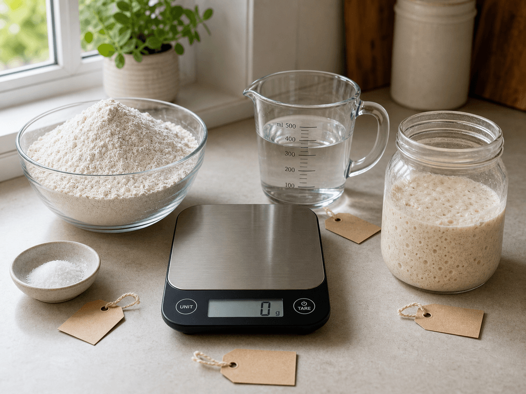 A clean, well-lit kitchen counter with a kitchen scale, a clear bowl of flour, a measuring cup of water, a small bowl of salt, and a jar of sourdough starter. Each ingredient has a small label showing its baker's percentage: flour '100%', water '75%', salt '2%', starter '15%'.