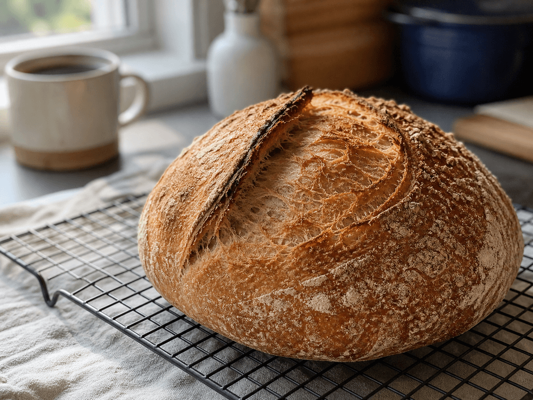 Ein goldbraunes, rundes Sauerteigbrot auf einem Abkühlgitter mit rustikaler, rissiger Kruste und einem einzelnen Einschnitt, der sich zu einem ausgeprägten Ohr geöffnet hat. Morgenlicht aus einem Küchenfenster, eine Kaffeetasse im Hintergrund unscharf.