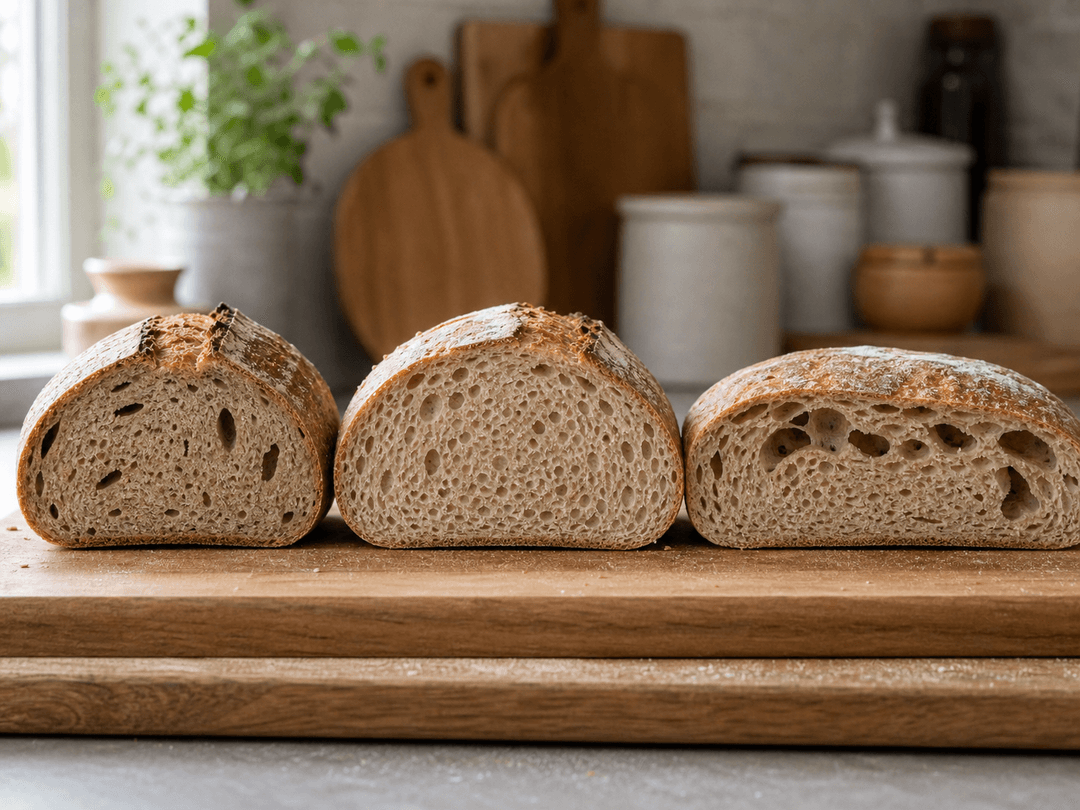 Three sourdough loaves sliced in half, arranged left to right: an under-proofed loaf showing dense tight crumb with a few large irregular holes (fool's crumb), a properly proofed loaf showing even open crumb with well-distributed holes, and an over-proofed loaf showing flat profile with collapsed crumb and large irregular tunnels near the crust