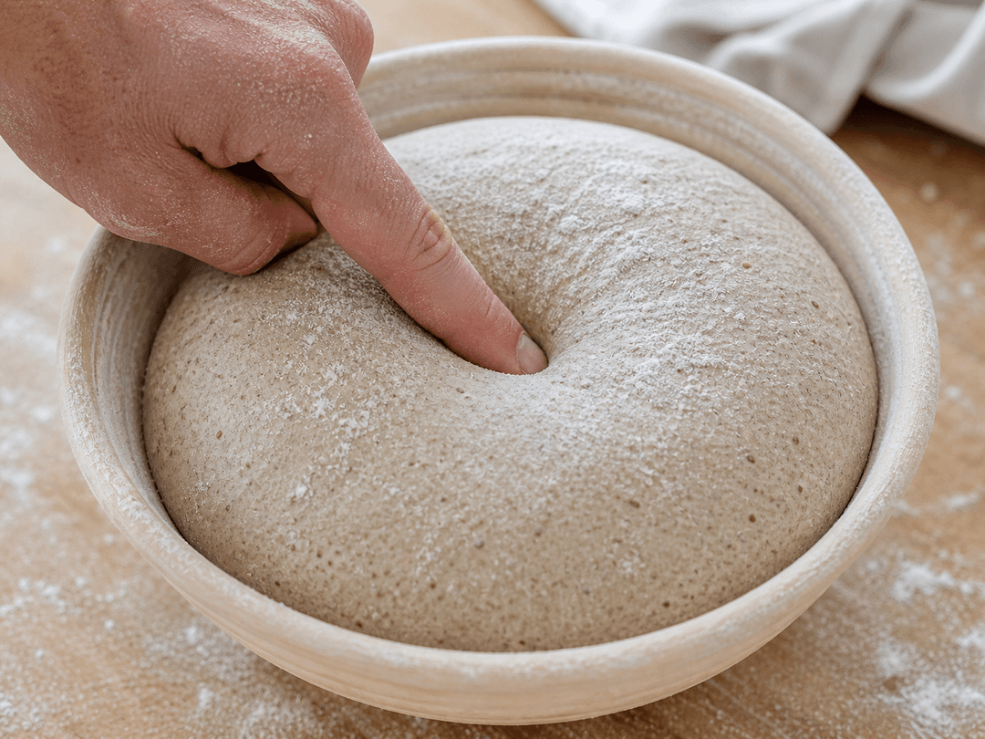 Close-up of a hand performing the poke test on a proofed sourdough boule in a banneton basket: finger pressing into the dough surface about 1 cm deep, dough slowly springing back and leaving a slight indent, showing ideal proofing level