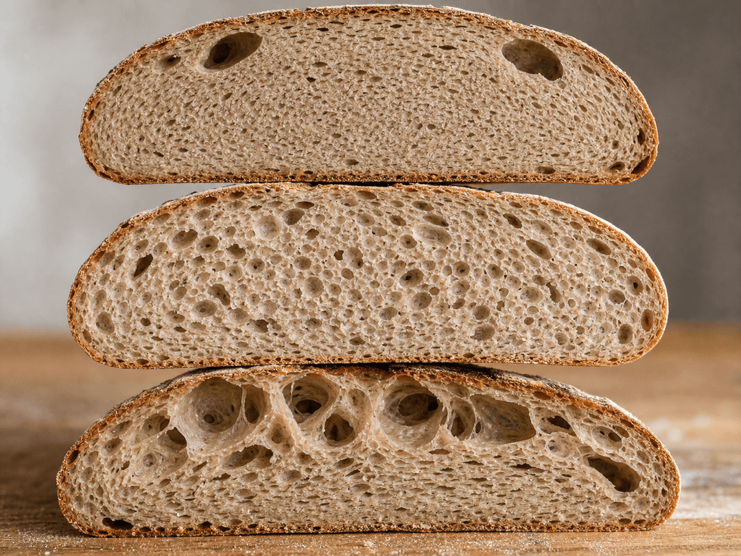 Three close-up cross-sections of sourdough crumb arranged vertically with labels: top shows under-proofed crumb (dense and tight with two large fool's crumb holes), middle shows properly proofed crumb (even open structure with thin cell walls), bottom shows over-proofed crumb (large irregular tunnels near top, dense compressed area at bottom, flat overall profile)