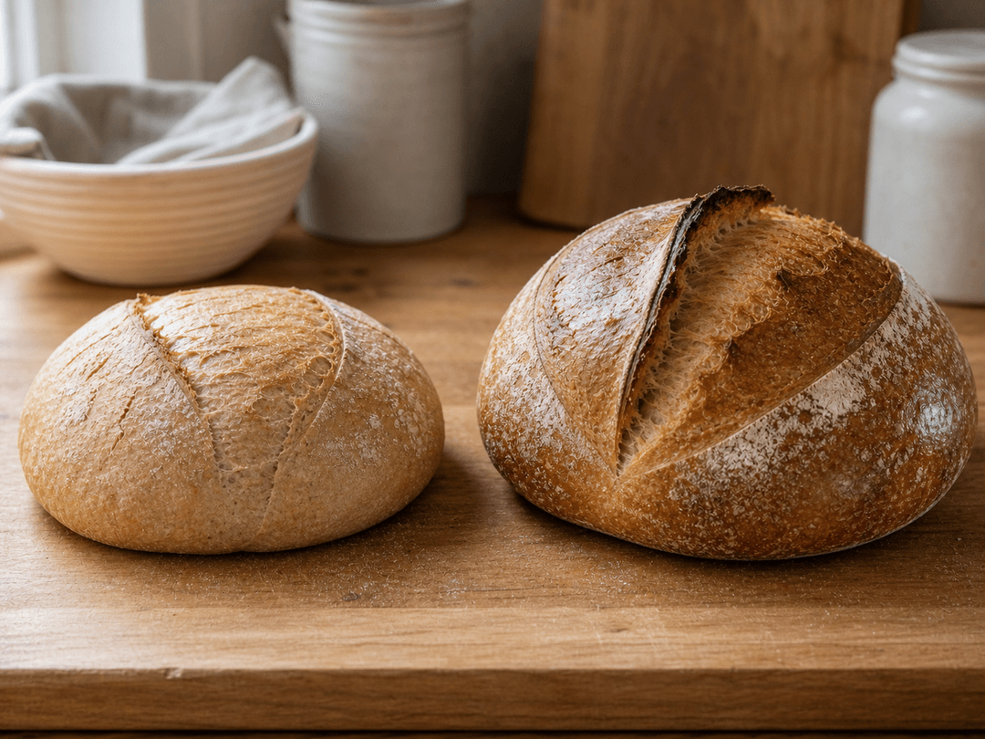 Vergleich zweier Sauerteigbrote aus demselben Teig nebeneinander: links ein Brot ohne Dampf gebacken mit blasser Kruste, minimalem Ofentrieb und engem Einschnitt, der sich kaum geöffnet hat; rechts ein Brot mit Dampf gebacken mit tief brauner, glänzender Kruste, dramatischem Ofentrieb und weit geöffnetem Einschnitt mit aufgerolltem Ausbund
