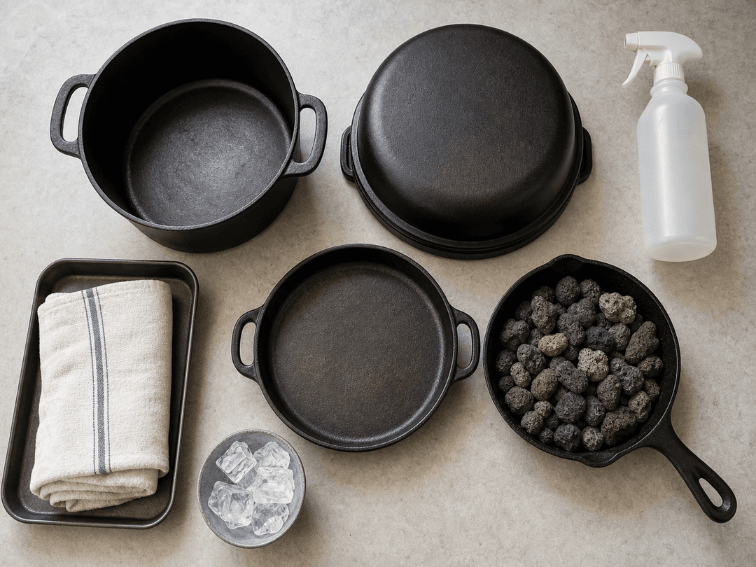 Flache Ansicht der Dampfbackausrüstung auf einer Küchenarbeitsplatte angeordnet: ein gusseiserner Bräter mit abgenommenem Deckel, ein Lodge Combo Cooker mit getrennter flacher Basis und tiefem Deckel, eine Gusseisenpfanne gefüllt mit Lavasteinen, ein gerolltes Baumwollhandtuch in einer Backform, eine Handvoll Eiswürfel und eine Sprühflasche — alles mit dem jeweiligen Methodennamen beschriftet