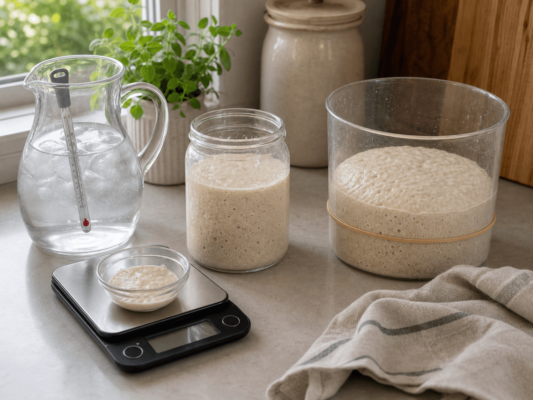 Eine Küchenarbeitsplatte mit saisonalen Backanpassungen: ein Krug Eiswasser mit Thermometer bei 4 °C, ein Glas Sauerteig-Anstellgut bei 75 % Aufgang, eine kleine Digitalwaage mit 30 g Anstellgut (niedrige Impfmenge) und ein durchsichtiger Behälter mit Teig, Gummiband bei der 35-%-Markierung — alles zur Veranschaulichung der Sommer-Sauerteig-Technik