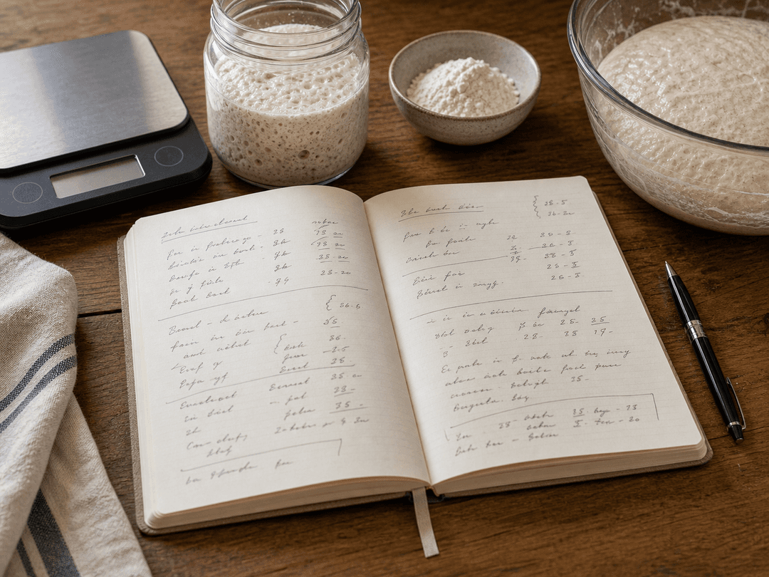Ein Back-Notizbuch auf einer Holzküchenplatte: links ein klassisches Heferezept, rechts die umgerechnete Sauerteig-Formel. Daneben eine Digitalwaage, ein Glas mit aktivem Starter, Mehl und eine Teigschüssel.